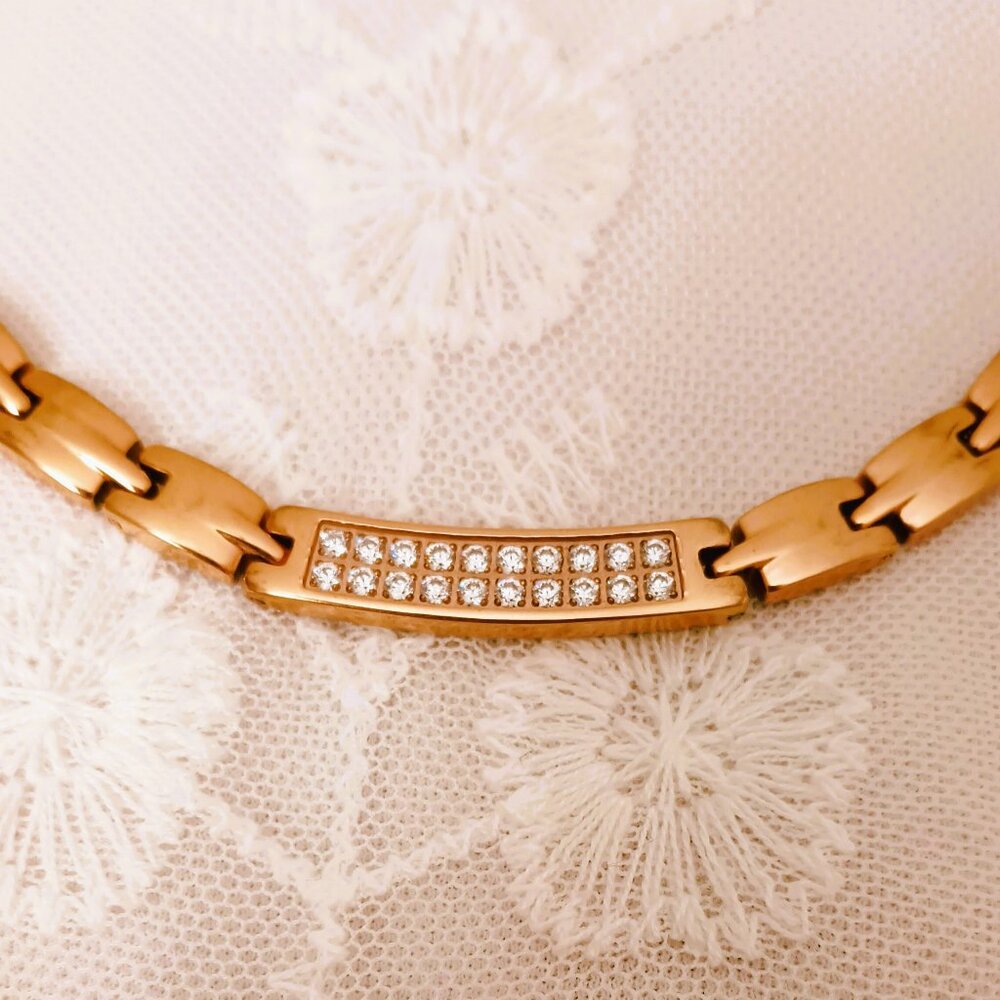Titanium Magnetic Link Necklace 21" Pave Crystal Pendant Gold Tone